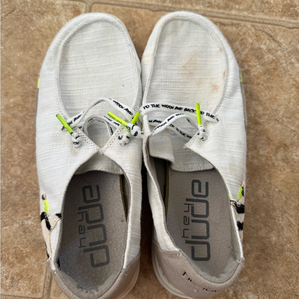 Hey Dude Kids White and Neon Green Sneakers